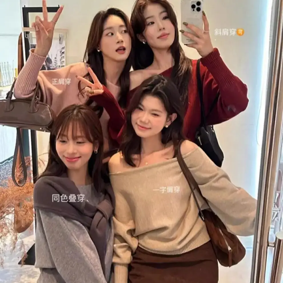 

Сексуальный вязаный укороченный свитер с открытыми плечами, женский уличный однотонный пуловер Y2K, женский корейский шикарный джемпер с разрезом на шее и длинными рукавами