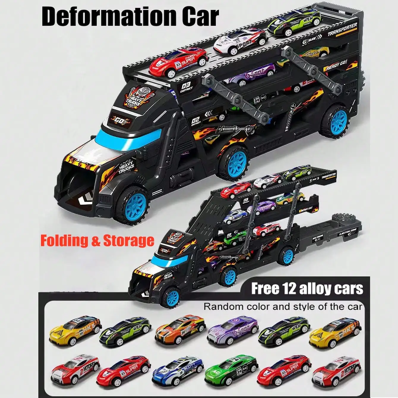 Simulation Container Engineering Truck Toy for Kids, Retractable Folding Ejection Deformation Car Playset, With 12 Mini Cars