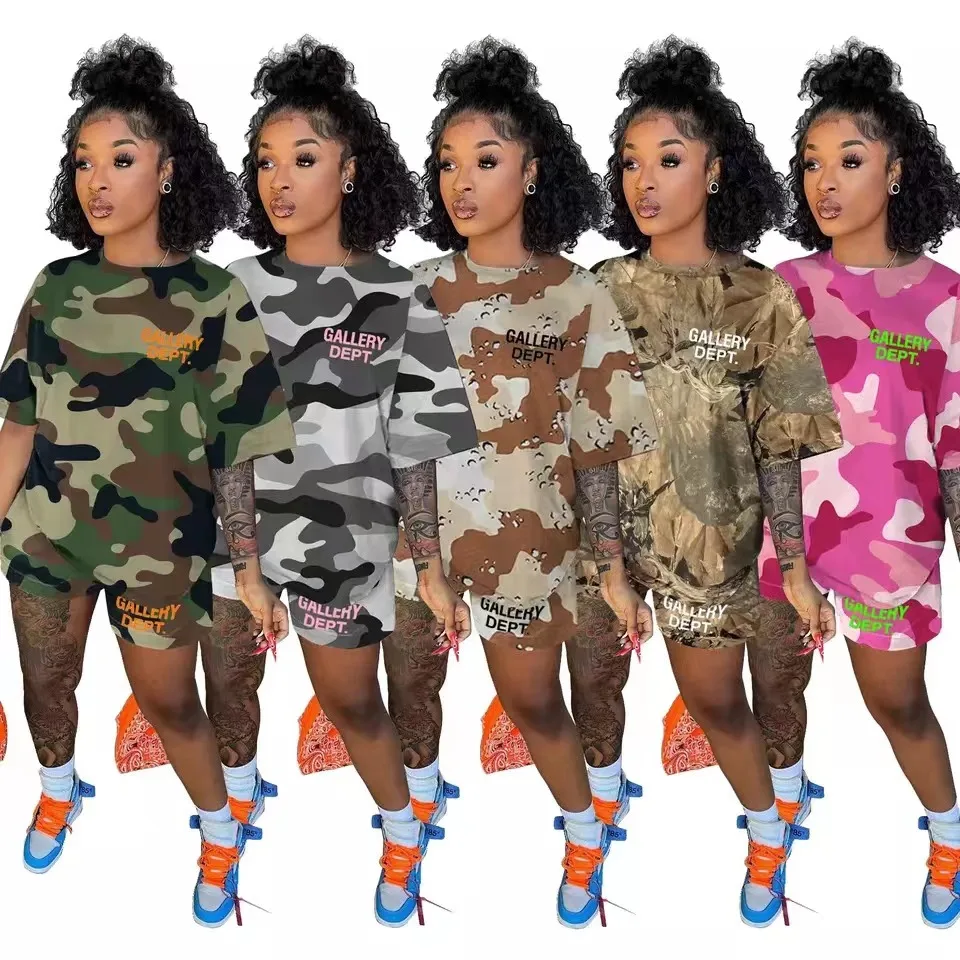 Summer 2022 Women\'s Alphabet Camouflage Top T-Shirt and Elastic Waist Shorts Two Piece Fashion Casual Outfit Outdoor Streetwear