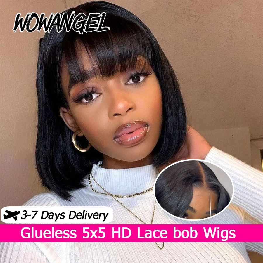 WOWANGEL peluca Bob corto con flequillo hueso recto 5x5 HD pelucas con cierre de encaje cabello humano virgen precortado listo para usar pelucas sin pegamento