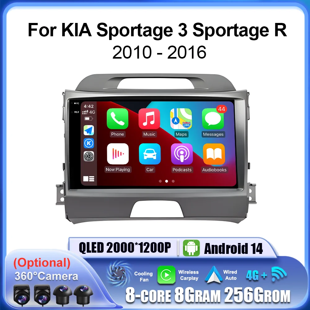 Wireless Carplay GPS Car Radio Android 14 for KIA Sportage 3 Sportage R 2010 - 2016 4G WiFi Stereo Multimedia Player 2.5 D QLED