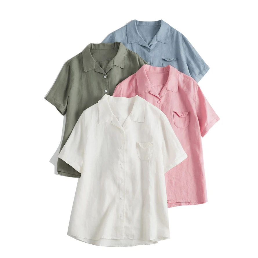 

Classic Pure Color Linen Long Sve irt Women's Spring Summer Collar Loose Fit Breathable Comfortable Base Layer Top