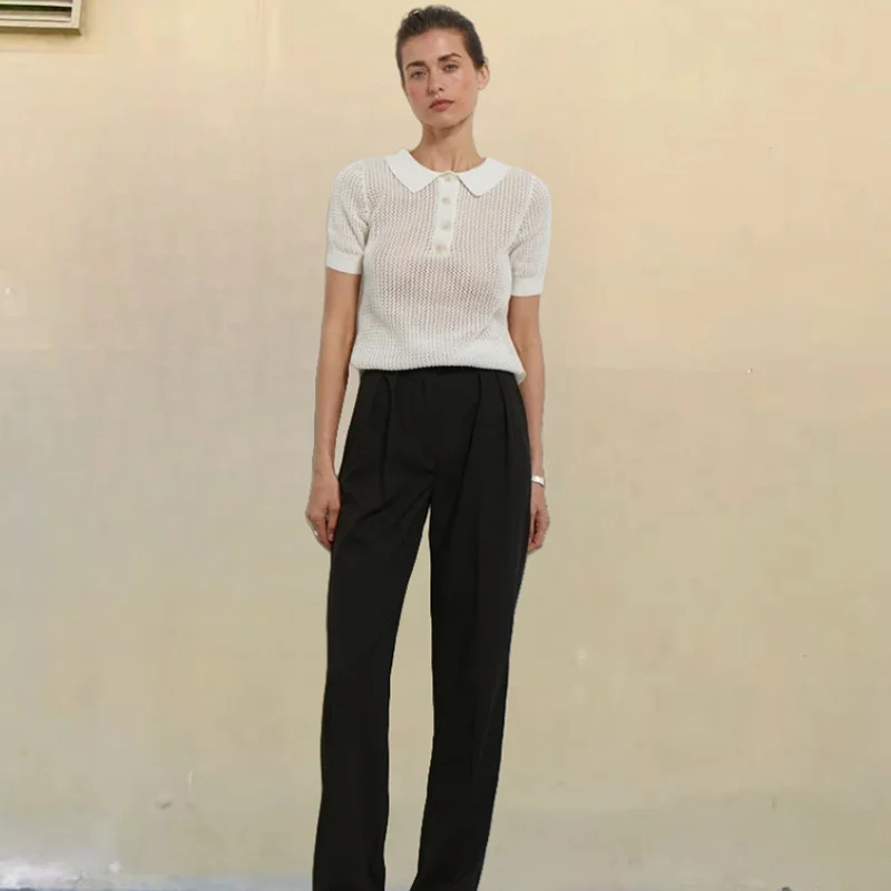 Tornova Casual Knitted Hollow T shirt Female Short Sleeve Pullover Top See Through Lapel Summer Fashion Women's Sweater T shirt - Image 2