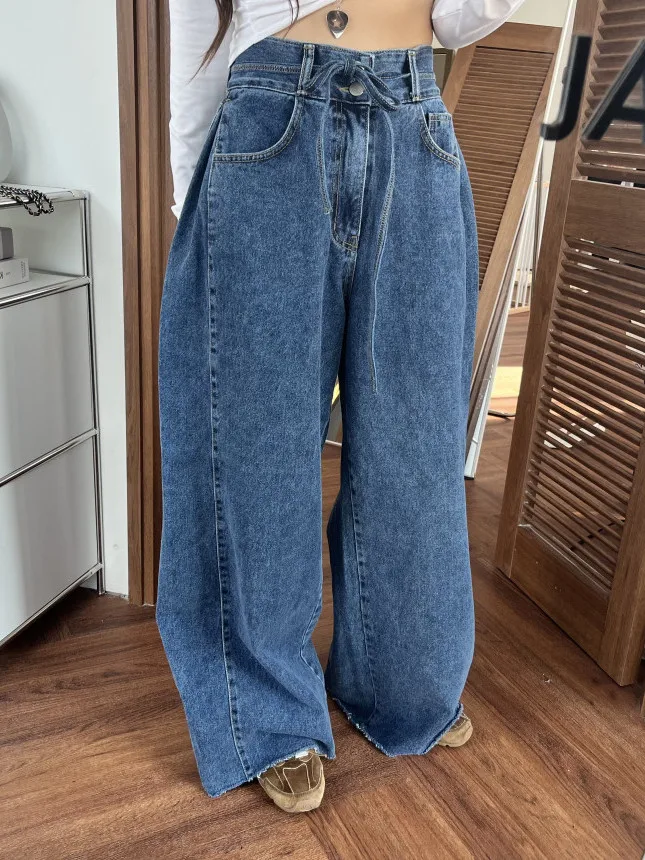 

Retro High Waist Torn Denim Jeans Women's Belted Pleated Slim Straight Casual Long Pants Vintage Washed Loose Fit No Stretch