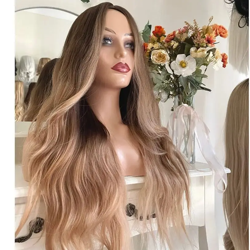 Perruque Lace Front Wig synthétique sans colle, cheveux ondulés, couleur blond miel ombré brun, avec naissance des cheveux pre-plucked