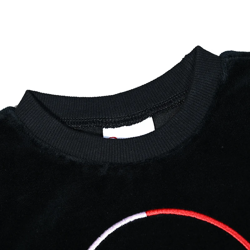 Children boy and girls long sleeve black set top and pant round neck 2pcs set teen casual black velour pajamas smile embroidery - Image 4