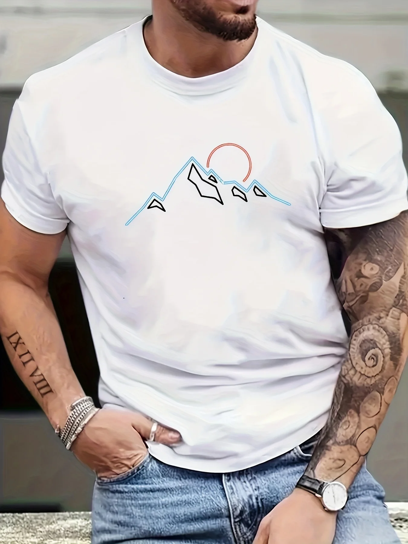 Men's summer 100% pure cotton fashionable sports casual loose mountain graphic print round neck short sleeved T-shirt top