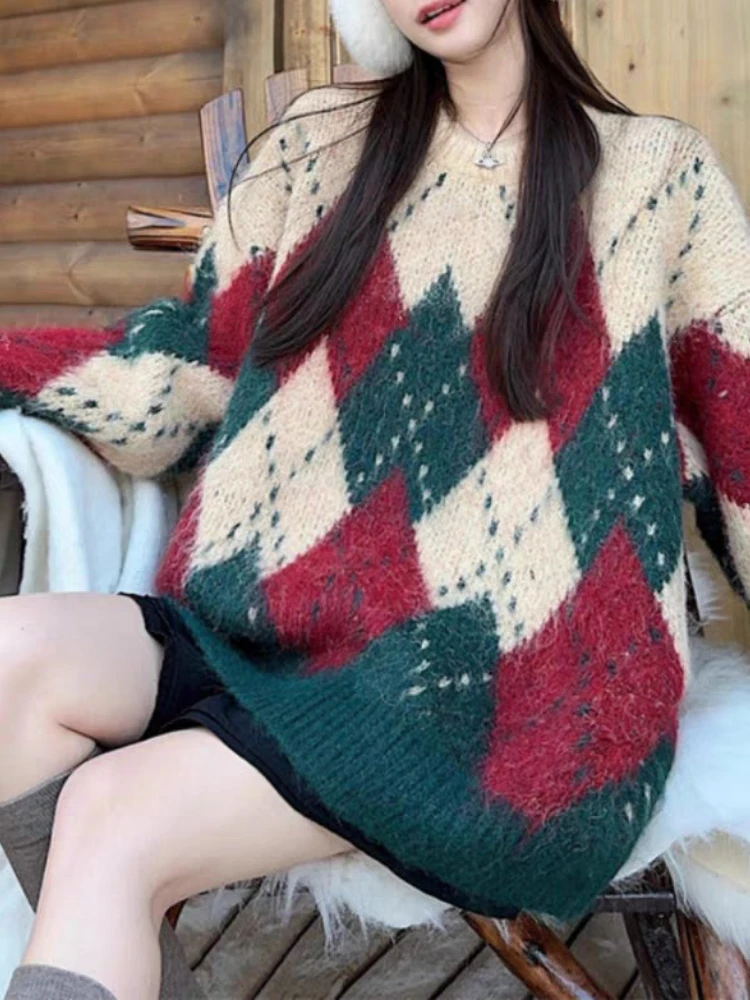 

Women's Lazy Wind High-end Christmas Diamond Pattern Sweater New in Autumn Winter Crew Neck Pullover Outside Knitted Sweater Top