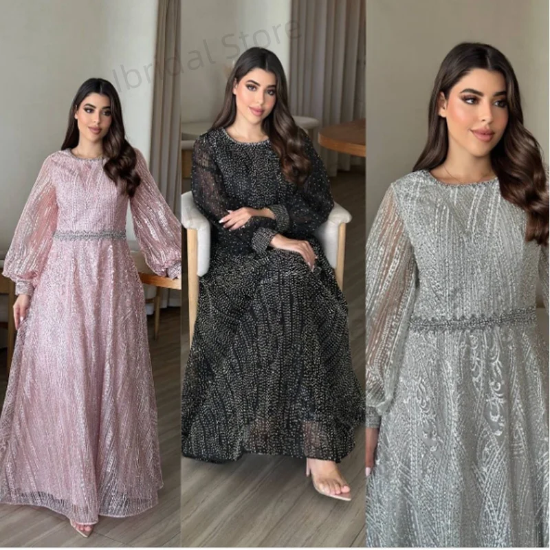 Customized Elegant Muslim Evening Dress Luxury A-Line Long Sleeves Beads Formal Prom Wedding Party Gown for Women