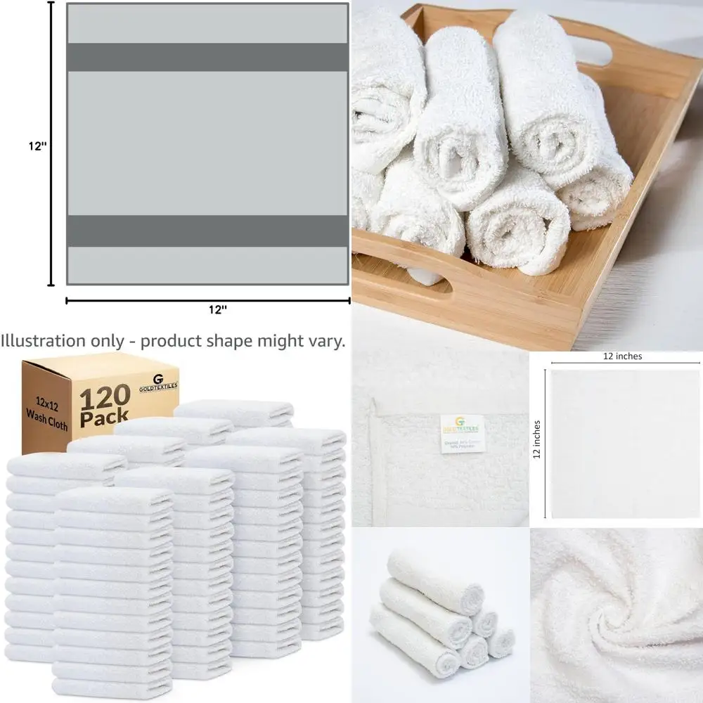 

Set of 120 White Cotton Blend Washcloths (12x12 inches) - Soft, Quick-Drying Rags for Home, Spa, Gym, and Kitchen Use