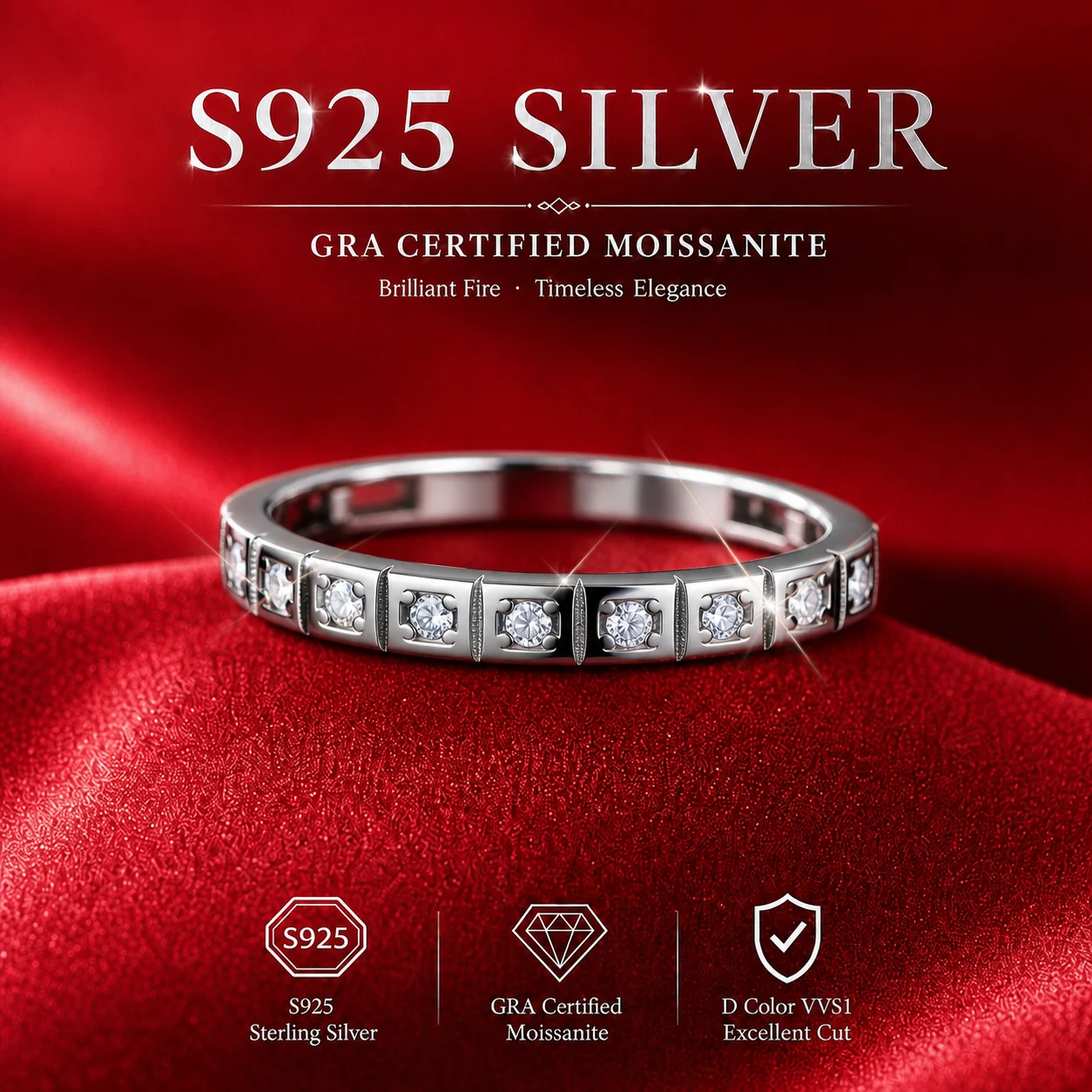 Mit GRA-Zertifikat S925 Sterling Silber 3,0mm Vollmoissanit-Ring D VVS1 3EX Schliff Funkelnder Moissanit-Band Hochzeits- und Partygeschenk – Detail 21