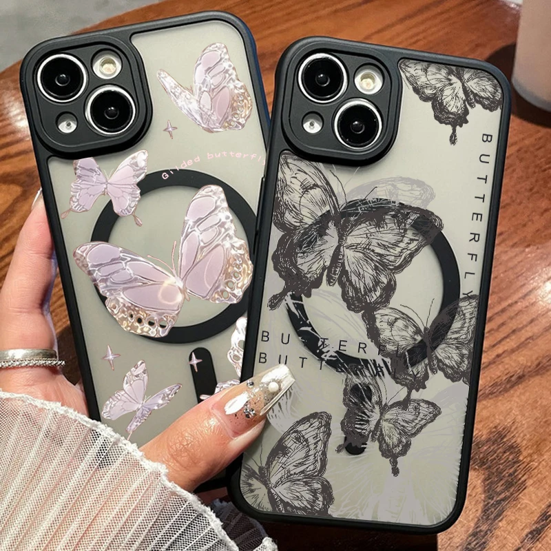 Butterfly Clear Phone Case For iPhone 14 15 13 12 Pro Max 11 Magnetic For Magsafe Wireless Charging Shockproof TPU Matte Cover