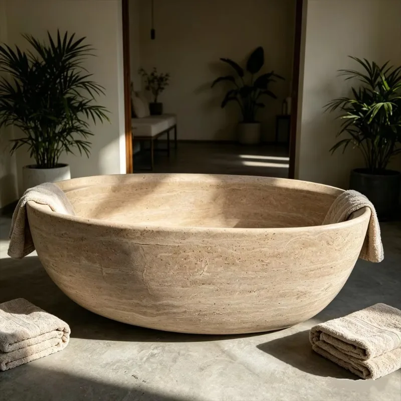 Luxury Freestanding Travertine Bathtub Natural Stone Soaking Tub For Modern Villa & Hotel Bathroom