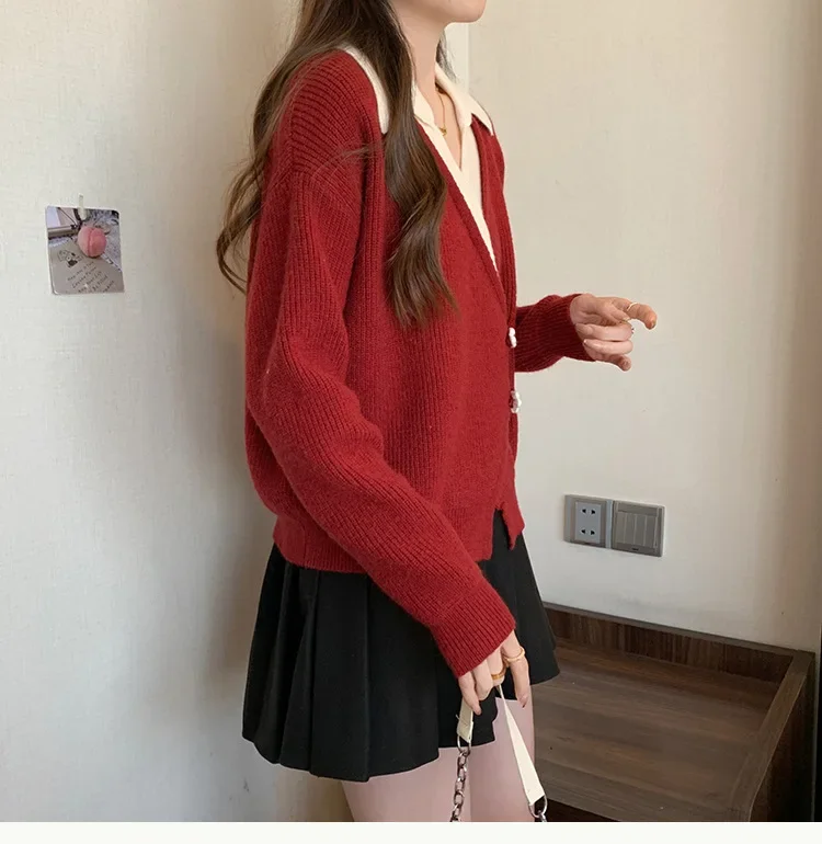 Stylish National Style 2024 Red Irregular Cardigan Sweater Coat Women\'s Plus Size Slimming Faux Two-piece Knitted Collarless Top