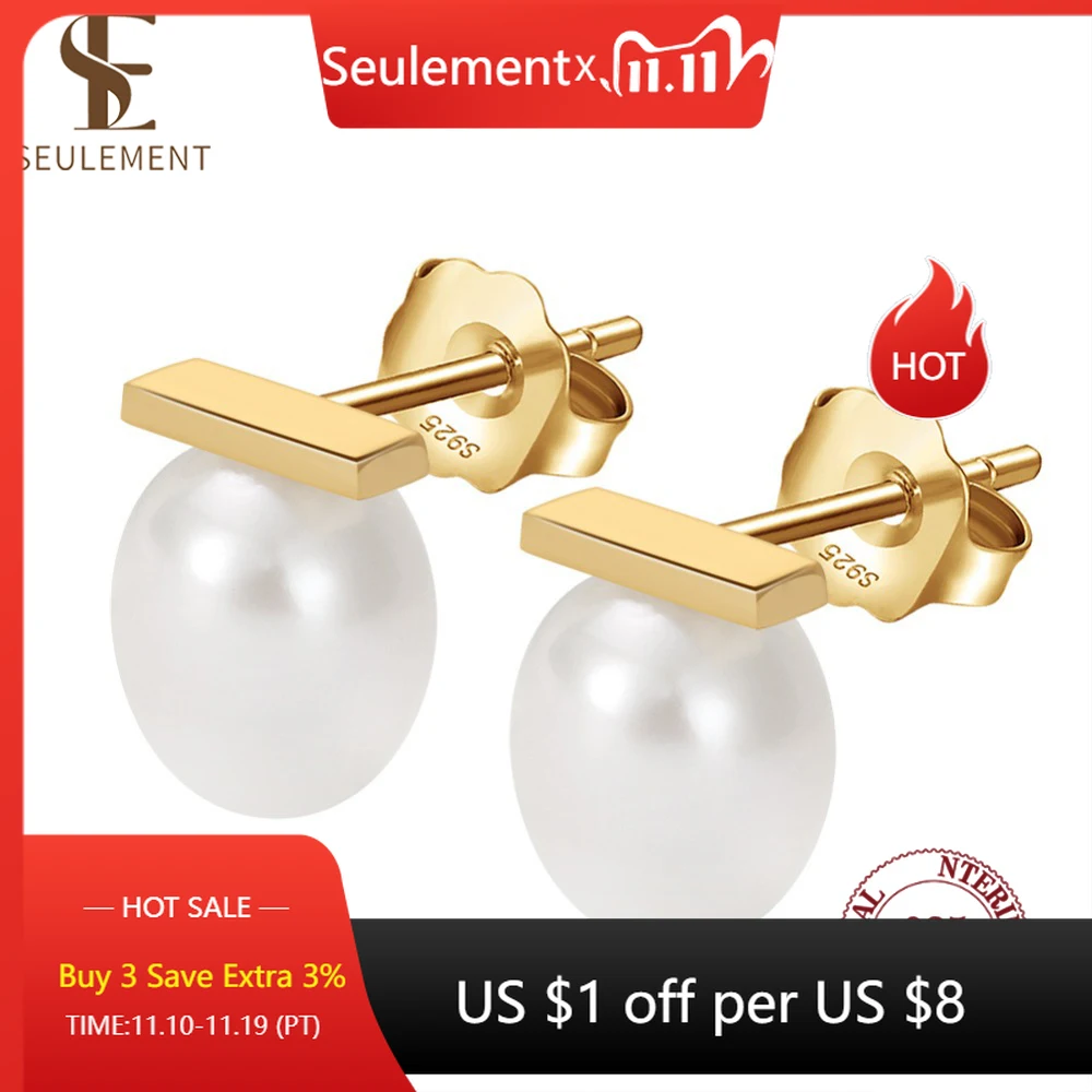 

Серьги-гвоздики Seulement из стерлингового серебра 925 пробы с эллиптическим жемчугом для женщин, женские классические серьги с пресноводным жемчугом, простые ювелирные изделия