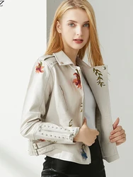 Blumen druck Stickerei Pu Kunstleder Jacke Streetwear Punk-Stil Biker umdrehen Kragen schwarzen Mantel neuen Herbst Frauen Leder