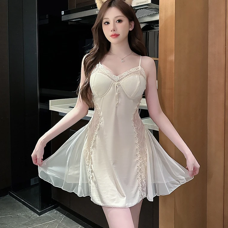 

Velour Lace Nightgown Loungewear Women Chemise Sleepwear Home Dress Sexy Nightdress Lingerie Dressing Gown Suspender Sleepdress