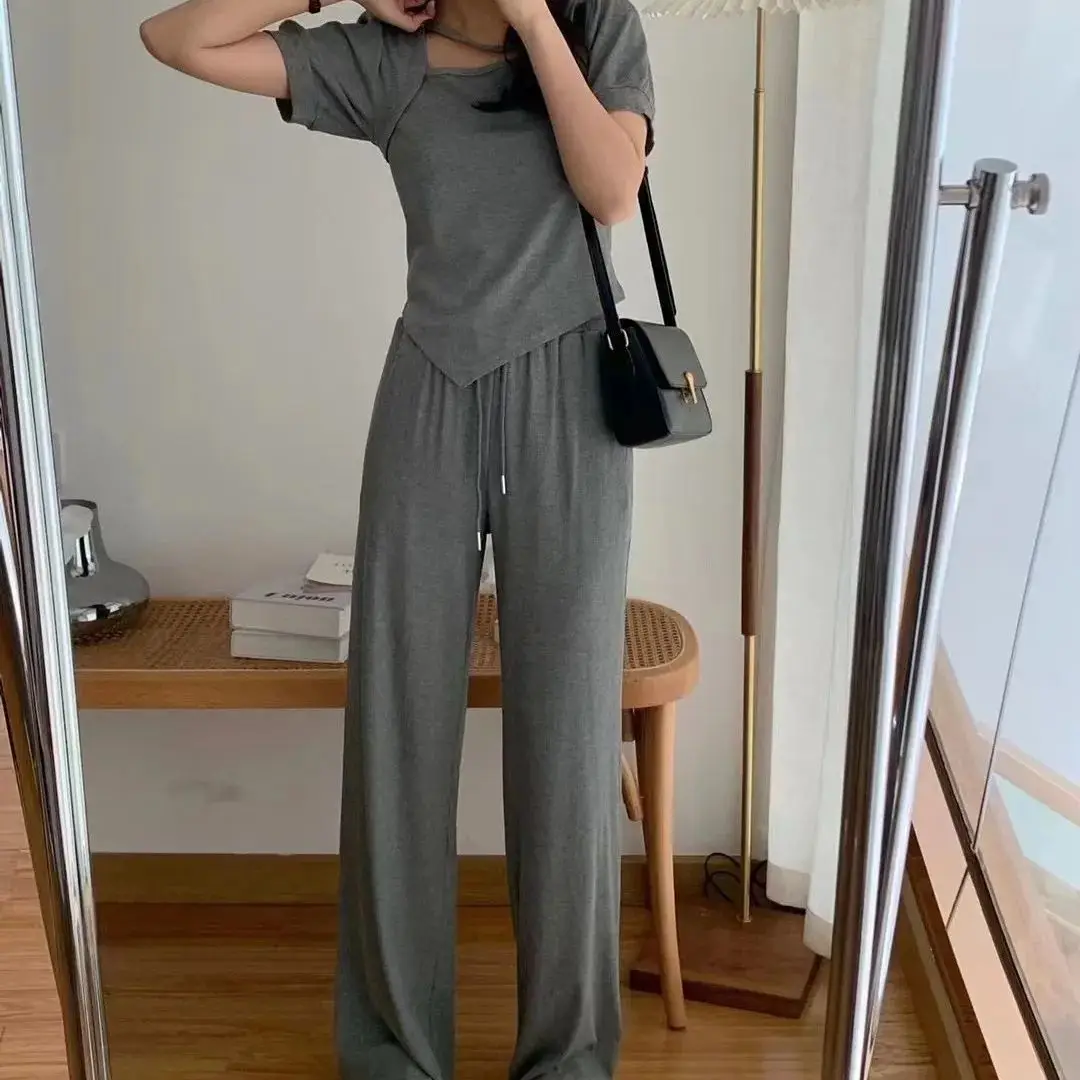 

Fashionable Summer Short Sleeve Wide Leg Pants Set Women's High Waist Long Pants Two Piece Set Elegant Design Sensation