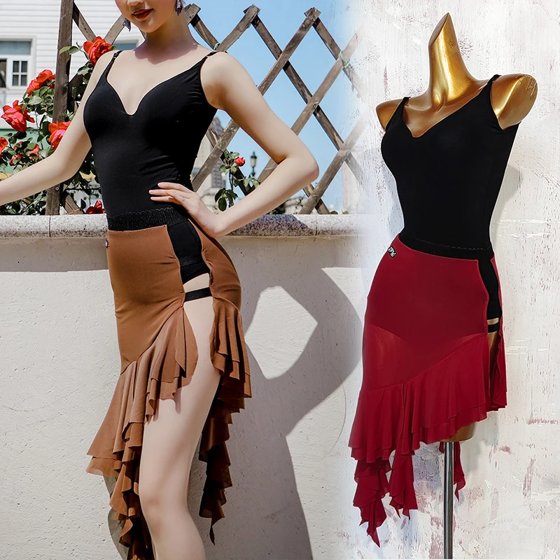 성인 라틴 댄스 복장 여성 탱고 룸바 공연 의류 여름 블랙 댄스 레오타드 중공 스커트 연습 착용 4218