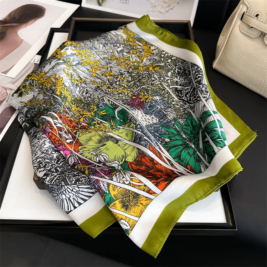 Women Popular Print Silk Scarf 70X70cm Square Scarves 2024 New Fashion Travel Decoration Sunscreen Bandannas Kerchief Hair Band