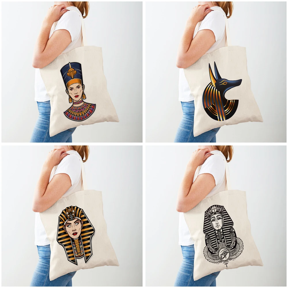 Fashion Ancient Egypt Totem Pharaoh Both Sided Canvas Shopping Bag Reusable Cartoon Anubis Lady Student Shopper Bags for Women