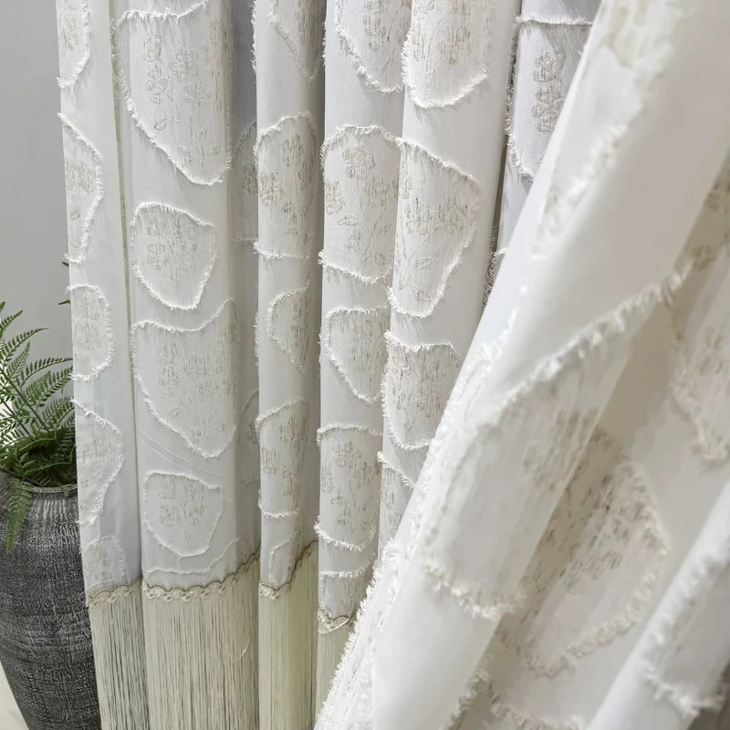 Dark Grain Old Cotton Linen White Yarn Jacquard Tassel Window Screen Curtains for Living Room Bedroom French Window Floating