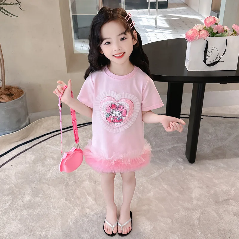 Girl Sanrios Skirt Kuromi Summer Three Colors Short Sleeves Flip Anime Film Sweatshirt Dress Short Sleeves Children's Clothing