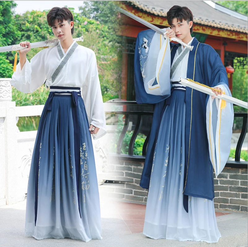 

Gradient Blue Hanfu Men 3 Pcs Sets Chinese Ancient Embroidery Hanfu Carnival Cosplay Costume Hanfu Outfit For Men Plus Size 2XL