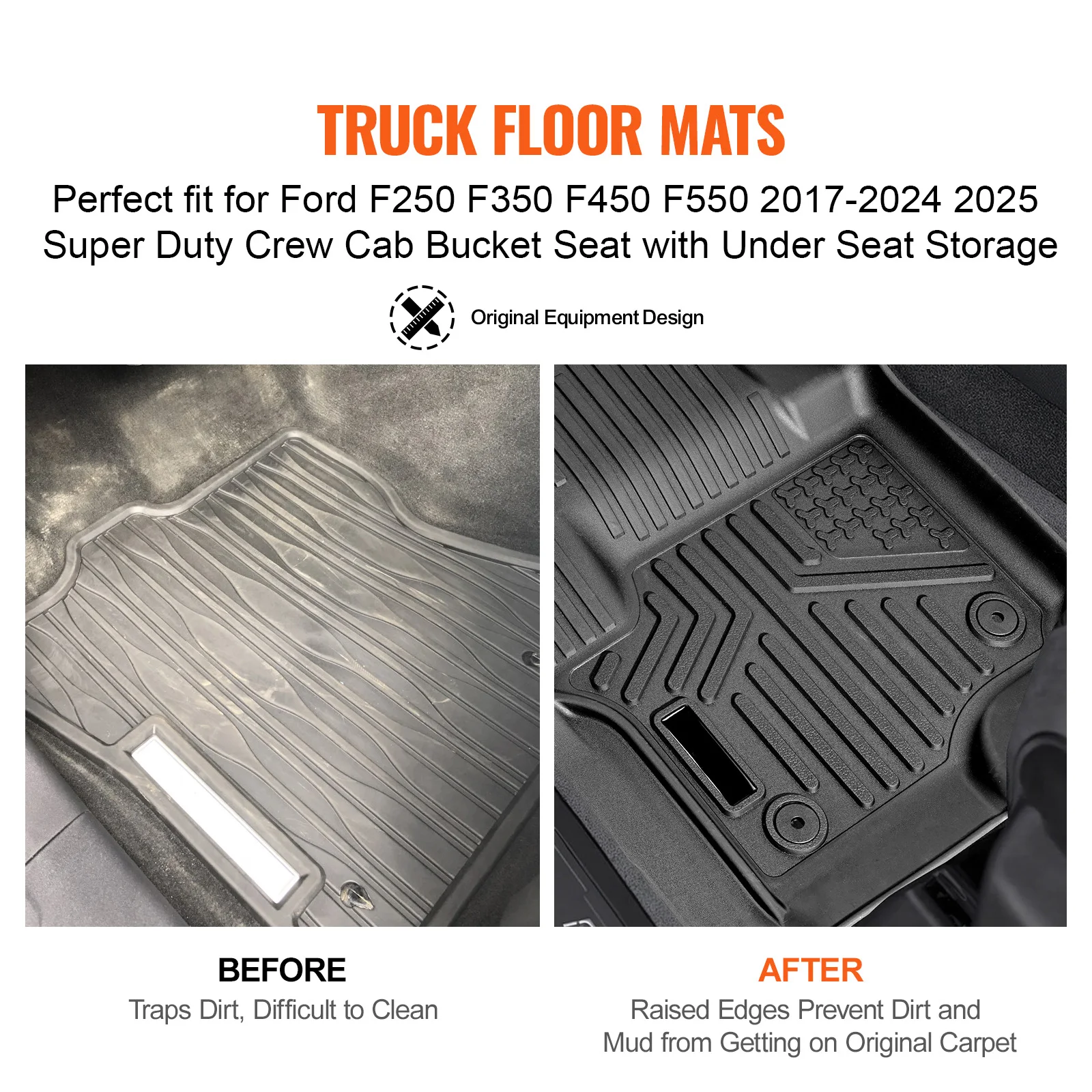 VEVOR Automotive Floor Mat Fit for Ford F-250/F-350/F-450 2017-2022,3 pcs Front and 2nd Row Liners Fit TPE Vehicle Floor Mats