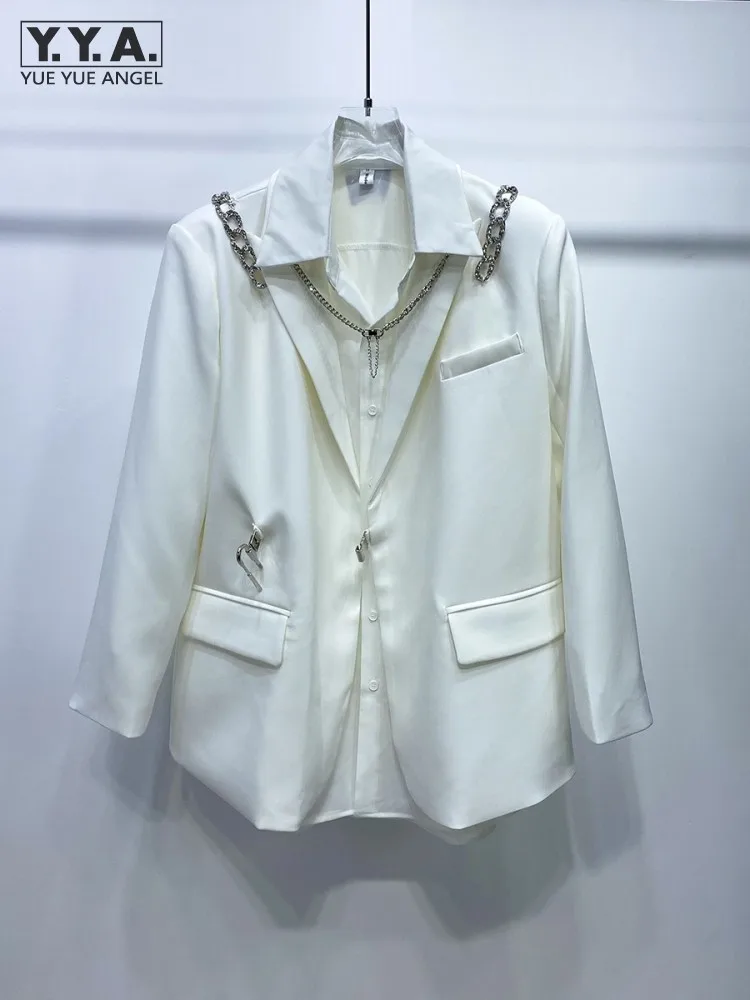 

Spring New Men Loose Fit Casual Blazer Lock Diamonds Chain Designer Party Suit Coat Black White High Street Blazer Jacket