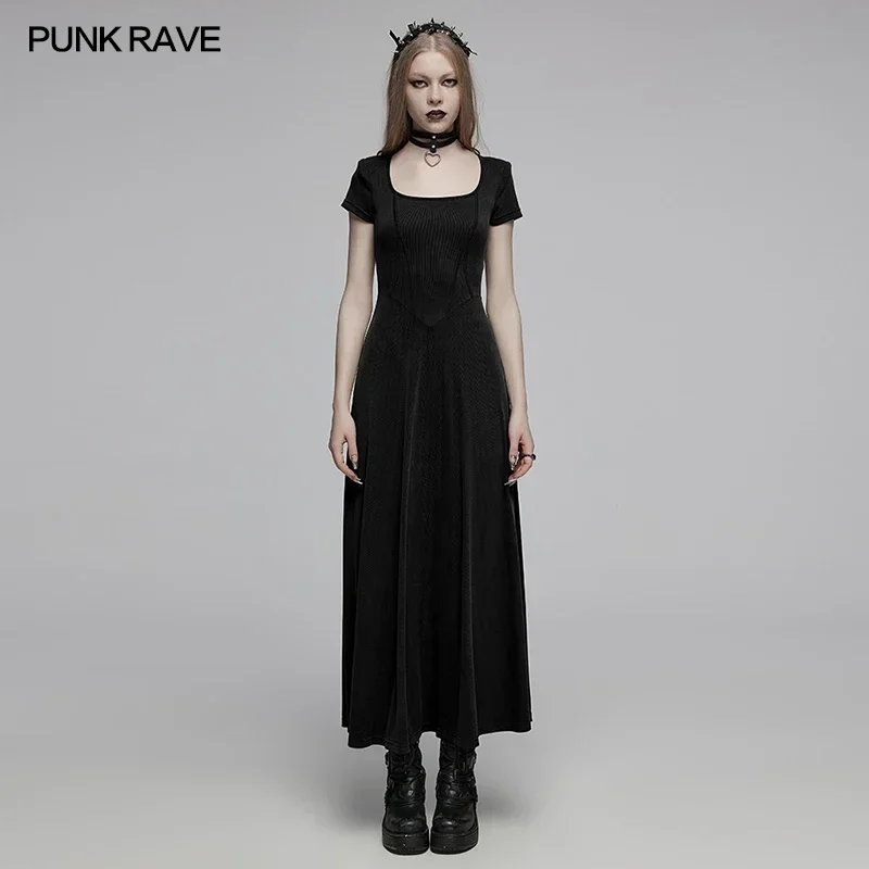 

PUNK RAVE Women's Gothic Daily Square Neckline Short Sleeves A Line Long Dress Structure Segmentation Casual Balck