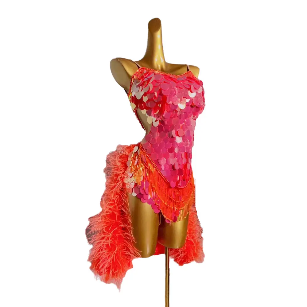 

Latin Dance International Competition Professional Clothing High end Customized Samba Style Dress with Sequin Fluff Tail