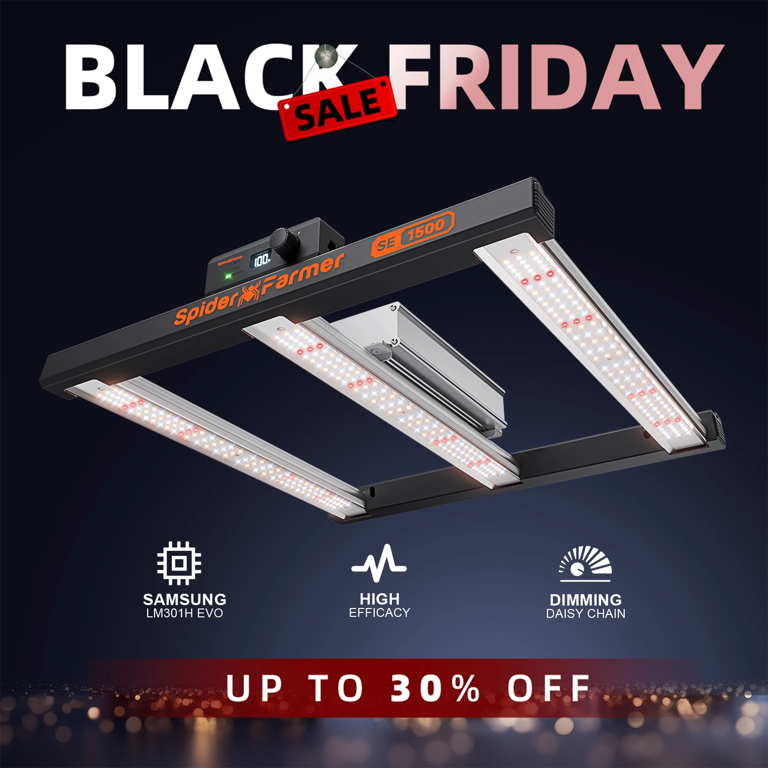 

Spider Farmer SE1500 150W Led Grow Light Samsung LM301H EVO Bluetooth & WiFi Smart APP Control Dimmable High Efficacy for 2x2FT