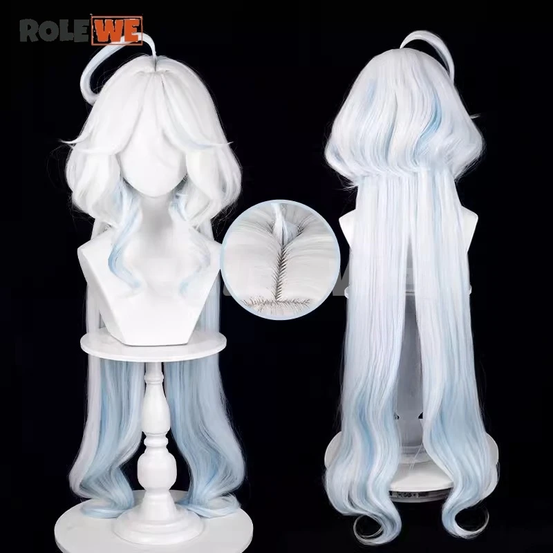 Focalors-Peruca Longa Furina Cosplay para Mulheres, Perucas Encaracoladas, Azul e Branco, Cabelo Resistente ao Calor, Boné Anime