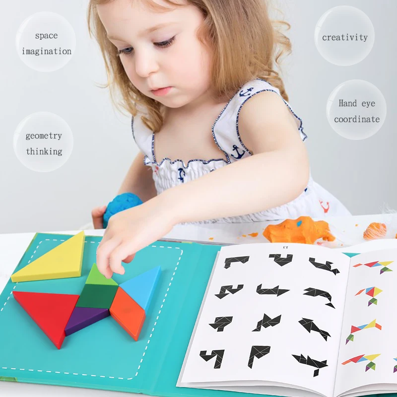 3D drewniana układanka magnetyczna gry-układanki figury geometryczne Tangram zabawka Montessori wczesna edukacja sortowanie dla zabawki dla dzieci