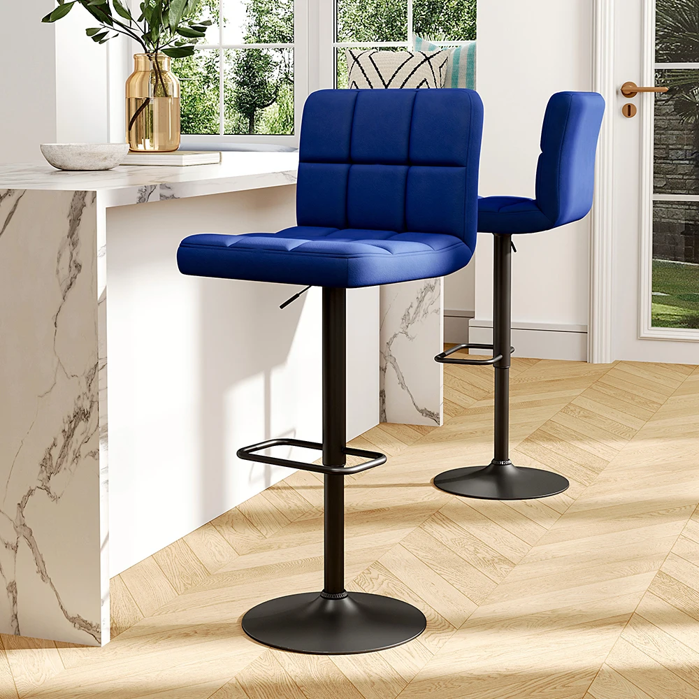 Blue 2 Pcs Velvet Upholstery Bar Stools High chairs Breakfast Dining stools with Low Backrest