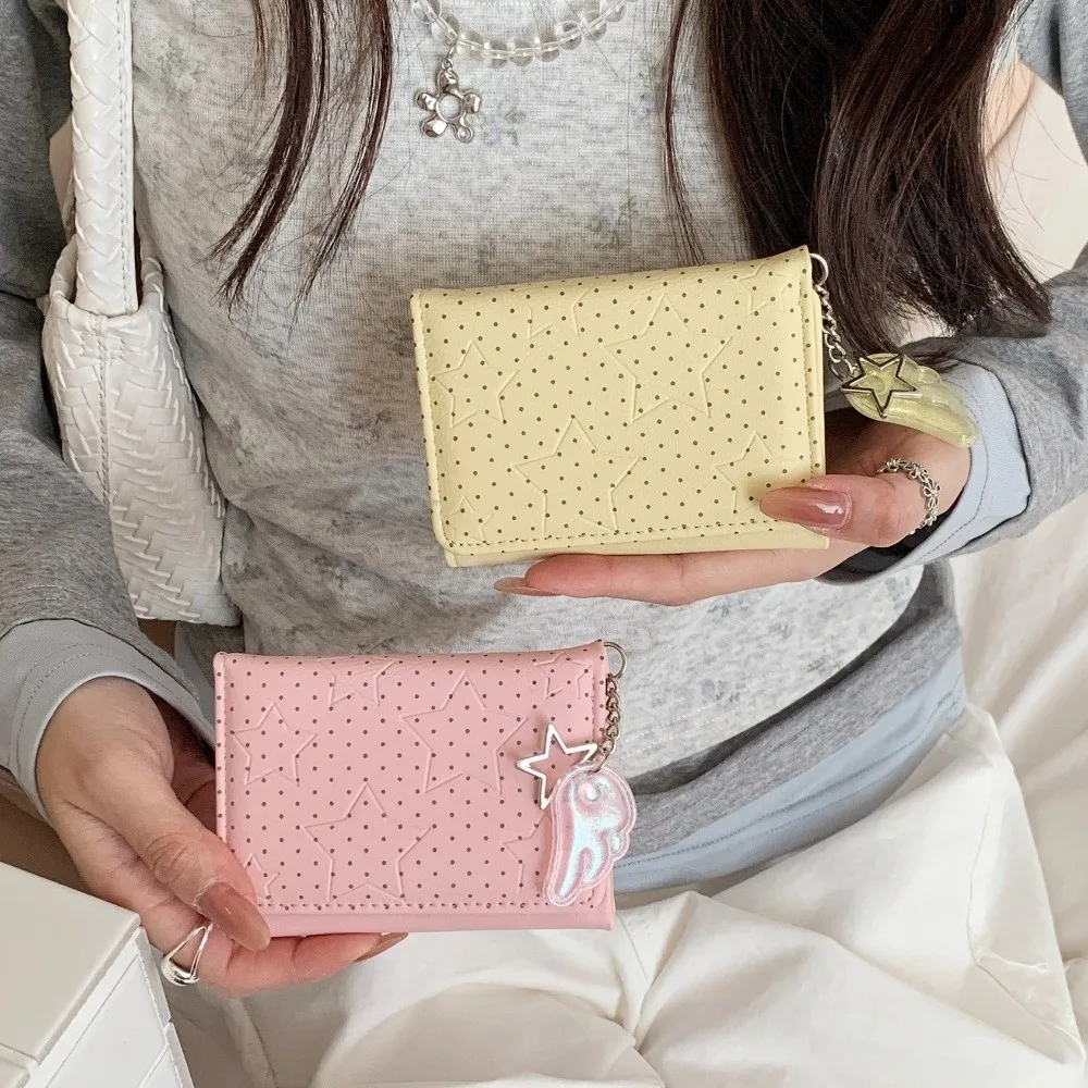 Aesthetic PU Leather Polka Dot Trifold Wallet Star Wing Pendant Lightweight Card Holder 5 Card Slots ID Window Coin Purse Girls