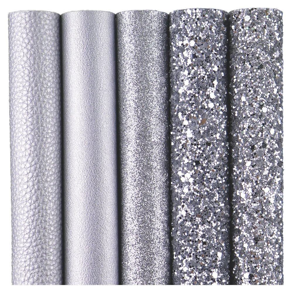 Plain Solid Silver Chunky Fine Glitter Fabric Lichee Textured Faux Soft Smooth Synthetic Leather For DIY Bows Earring HD016