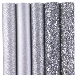 Plain Solid Silver Chunky Fine Glitter Fabric Lichee Textured Faux Soft Smooth Synthetic Leather For DIY Bows Earring HD016