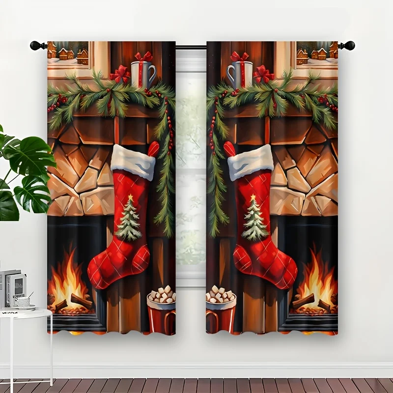 Winter Xmas Curtain Panels, Fireplace Stocking Garland Hot Cocoa Cozy Holiday Art Print Drapes for Apartment Xmas Home Decor