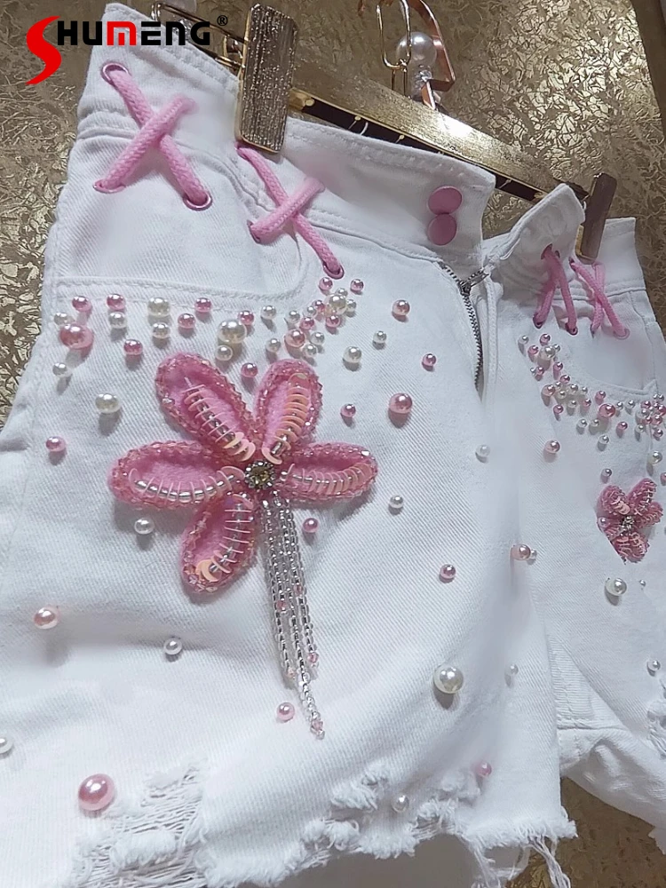 2025 Summer New High-end Beaded Pearl Short Pants Fashion Handmade Beaded Tassels Flower Shorts Sexy Girl Women's Denim Shorts