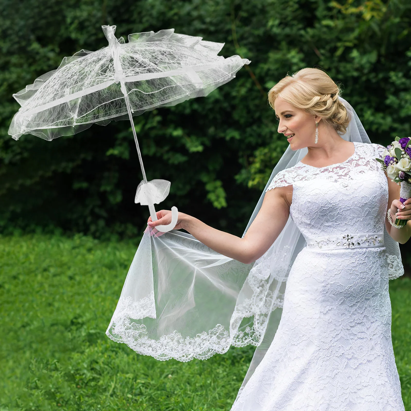 

Lace Umbrella Parasol Bridal Wedding Photography Prop Decorative Fancy Lightweight Portable Handle Party Performance Tea