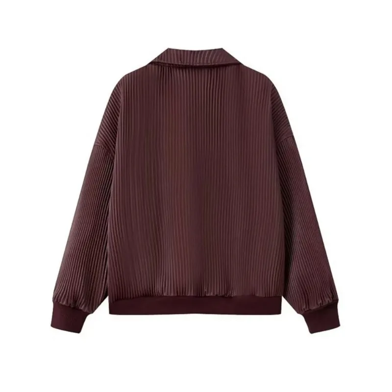 Jaquetas Femininas Vintage Estilosas de Outono em Couro Sintético Plissado Oversized BF, Casaco Cropped Elegante Solto Vinho Tinto PU com Zíper para o Dia a Dia