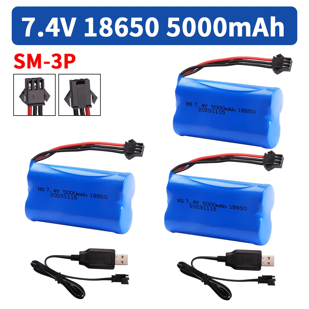 Batería lipo de 7,4 V, 5000mAh, 18650 + cargador para MN128, reloj de coche, detección de gestos, torcido, RC, camiones acrobáticos, barcos, piezas de juguetes, batería