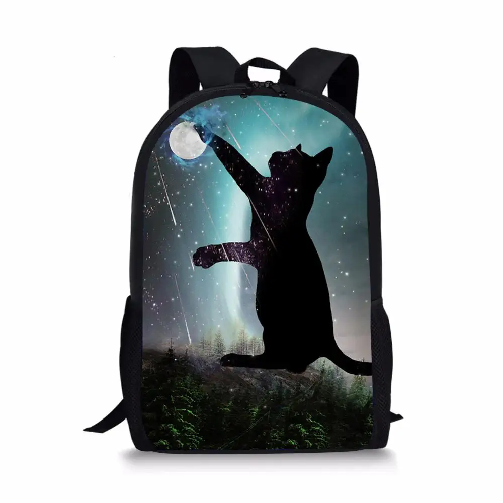 Mochilas escolares con diseño de gatos de fantasía negra, mochilas escolares para niños y niñas, mochila para estudiantes con pintura de animales pequeños de dibujos animados