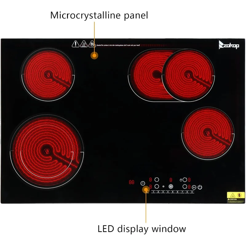 Электрическая керамическая варочная панель Winado с 4 конфорками, 30 дюймов, плита с плоской вершиной 220–240 В, многофункциональная электрическая плита с 9 уровнями нагрева