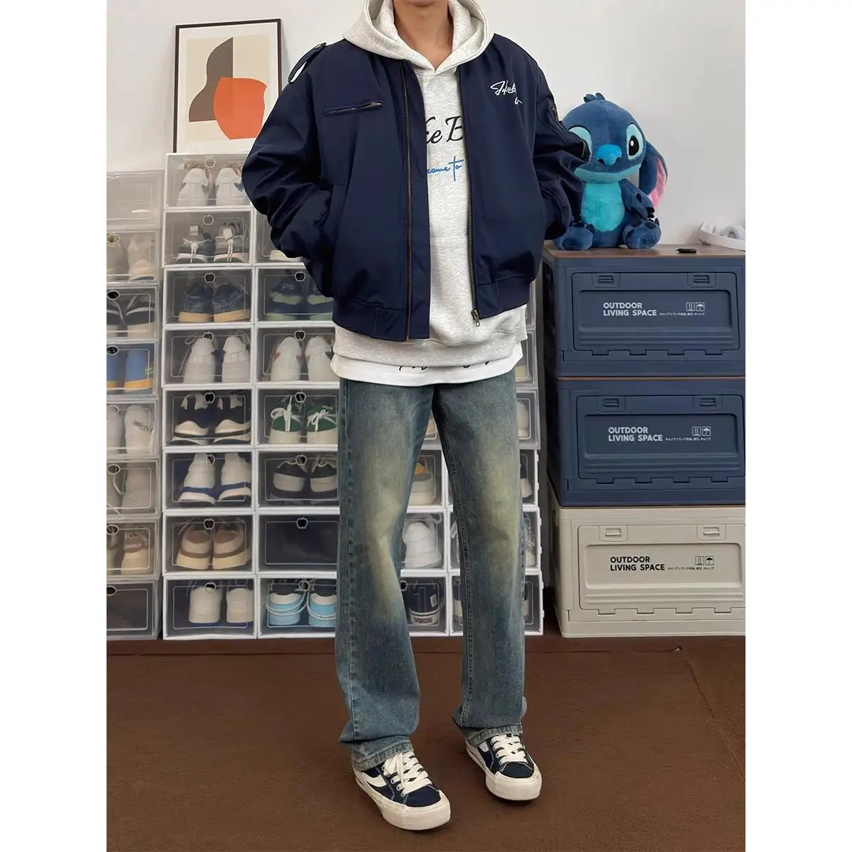 

Полетная куртка свободного кроя на молнии королевского синего цвета, винтажный американский бейсбол Sle, орнулированный дизайн на весну и осень