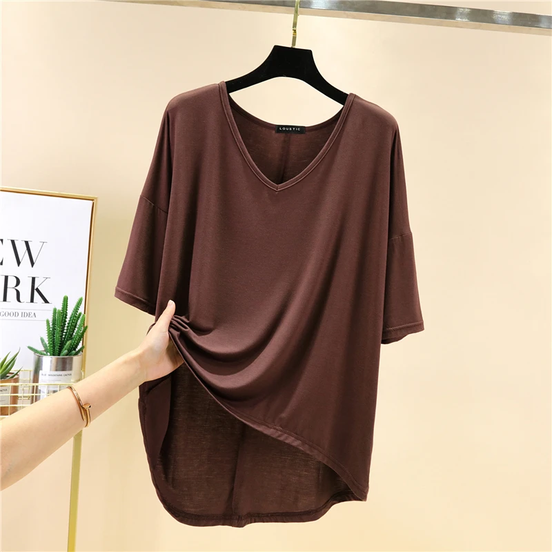 Summer Solid V-neck T-shirt Women Half-Sleeve Female Casual Loose Cotton Modal Tops Casual Base T-Shirts Homewear