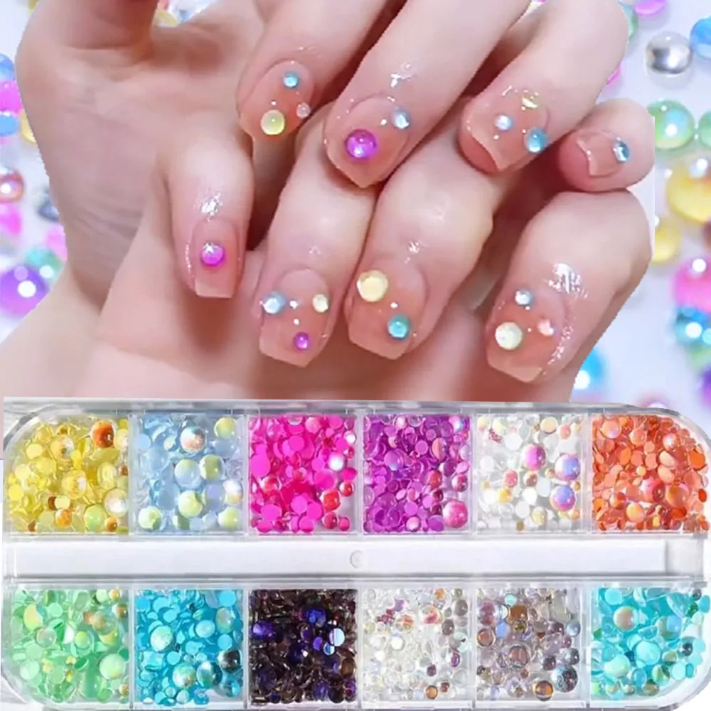 

6/12Grids 3D Mixed Mermaid Bead Nail Charm ice-Transparent Macarons Mermaid Round Beads Nail Art Kawaii Flat-back Crystal Glass