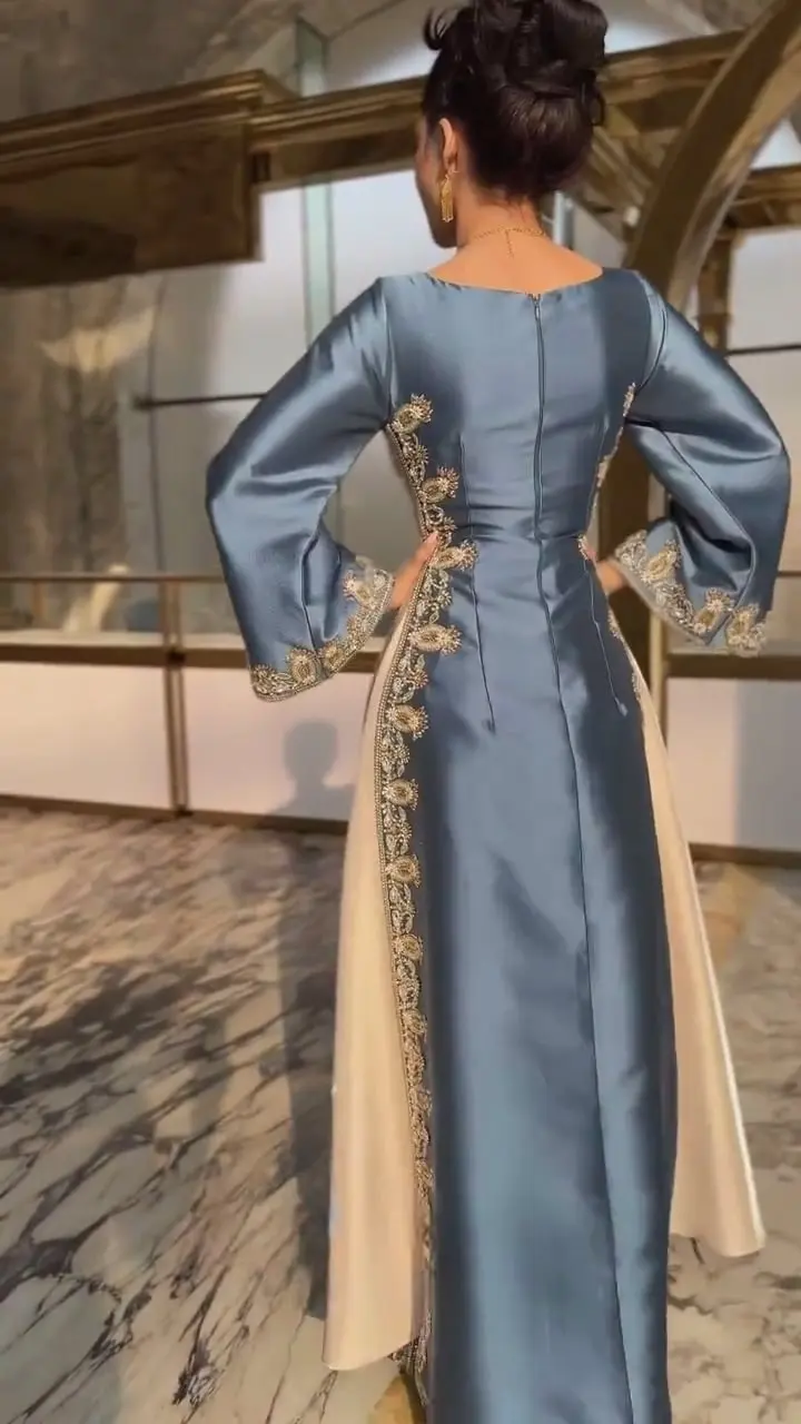 Customized Luxurious Kaftan Evening Dress 2026 Embroidered Long Sleeve Square Neck Abaya Formal Party Gown for Women